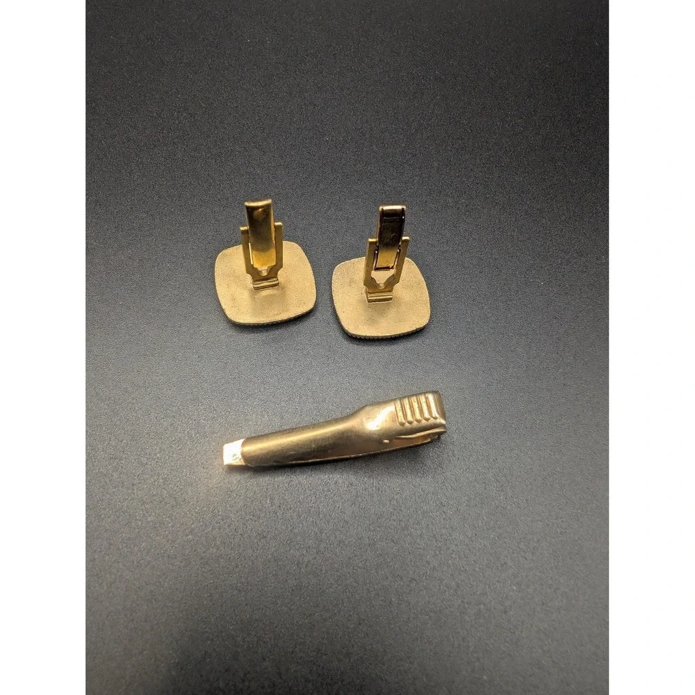 Masonic Cufflinks Tie Clip Set Gold Tone Blue Enamel Mens Freemason Jewelry